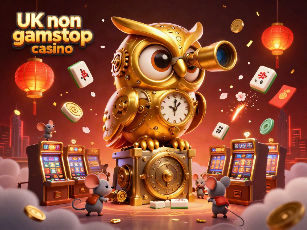 Engage at UK non gamstop casino with a vibrant scene of a golden owl, slots, and playful patrons