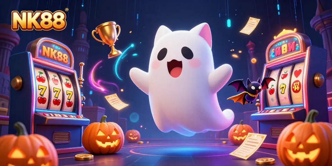 Engage with NK88 in a haunted casino scene featuring a ghostly cat and vibrant slot elements.