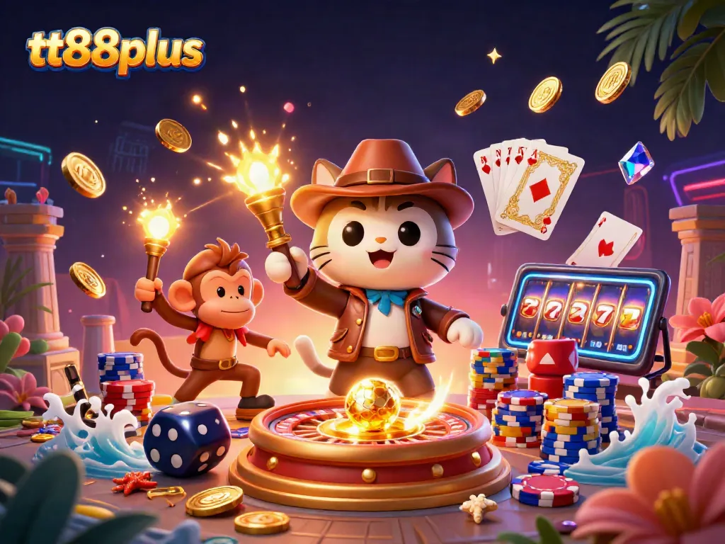 Engage in excitement with tt88plus as the explorer cat finds golden artifact at the casino.