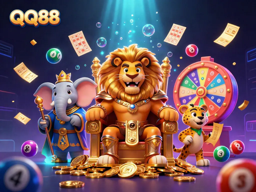 Experience the thrilling gaming adventure at QQ88 with vibrant lottery elements and royal characters.