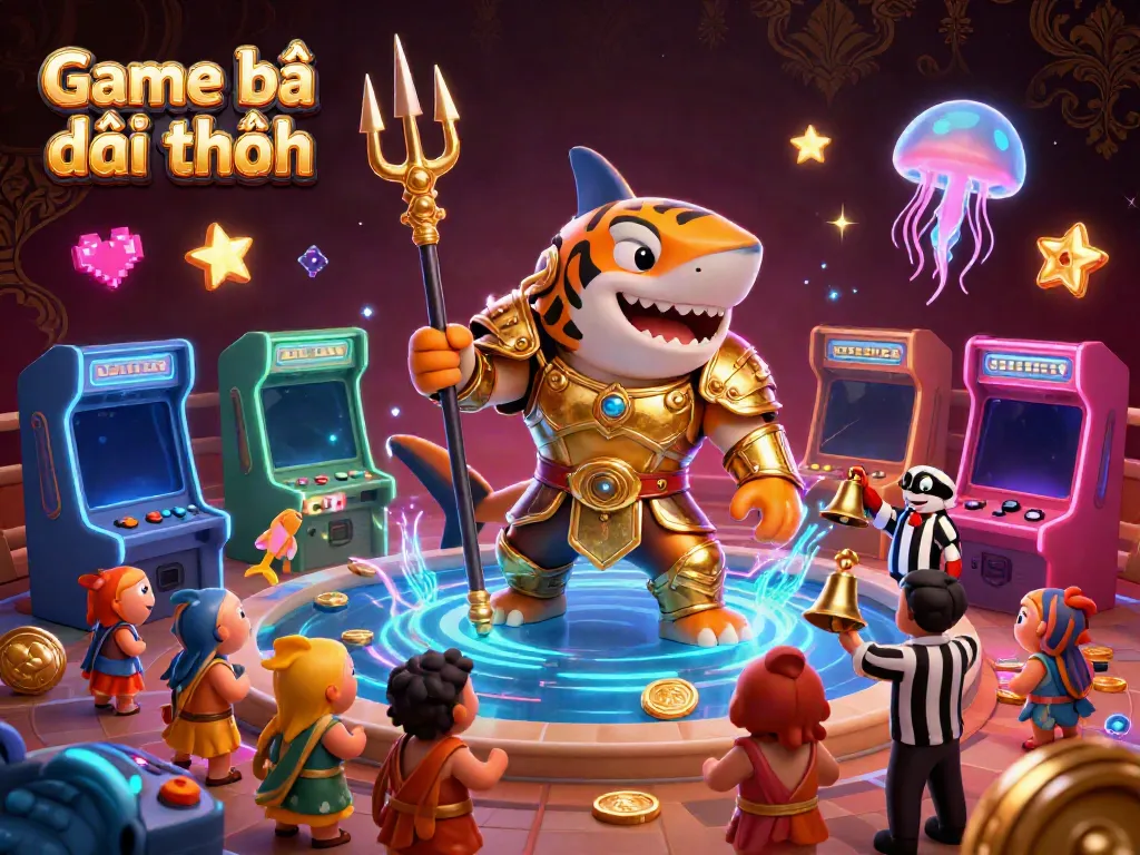 Experience Game bài đổi thưởng action with a dynamic tiger shark and arcade elements in a vibrant underwater casino.