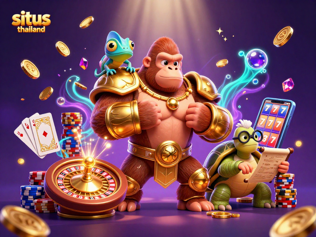Spin the reels at situs thailand for big wins, featuring dynamic gaming action with colorful characters.