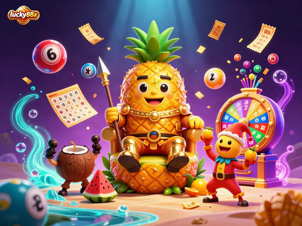Experience the excitement at lucky88x with a vibrant illustration of a pineapple king on a casino beach surrounded by dynamic lottery elements.