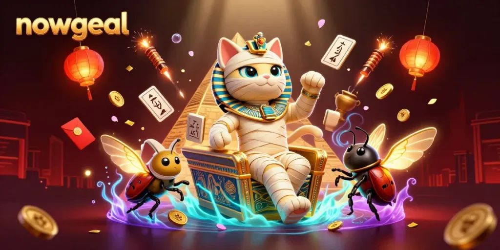 Engage with Nowgoal's thrilling casino experience featuring a lively Egyptian theme and neon elements.