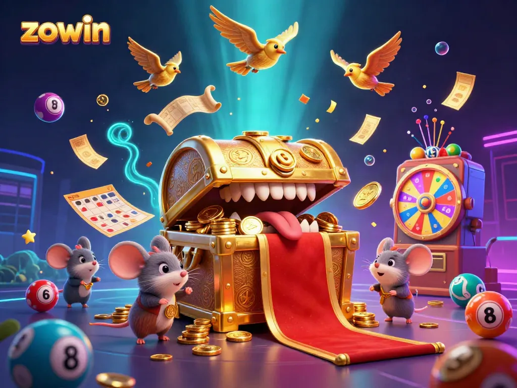 Zowin jackpot excitement with treasure chest, colorful lottery elements, and dynamic gaming atmosphere.