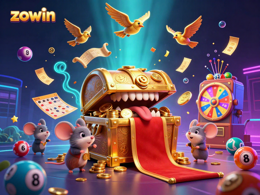 Zowin jackpot excitement with treasure chest, colorful lottery elements, and dynamic gaming atmosphere.