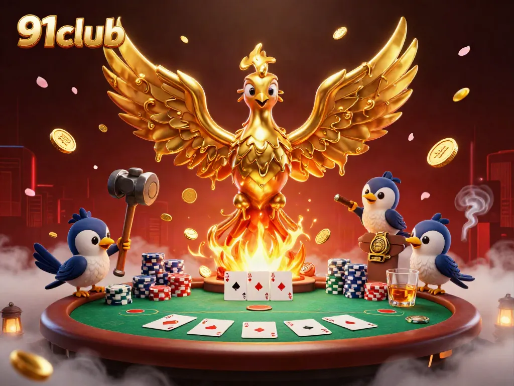 Engage in thrilling casino action with 91club's vibrant depiction of a molten phoenix emerging amidst poker elements.