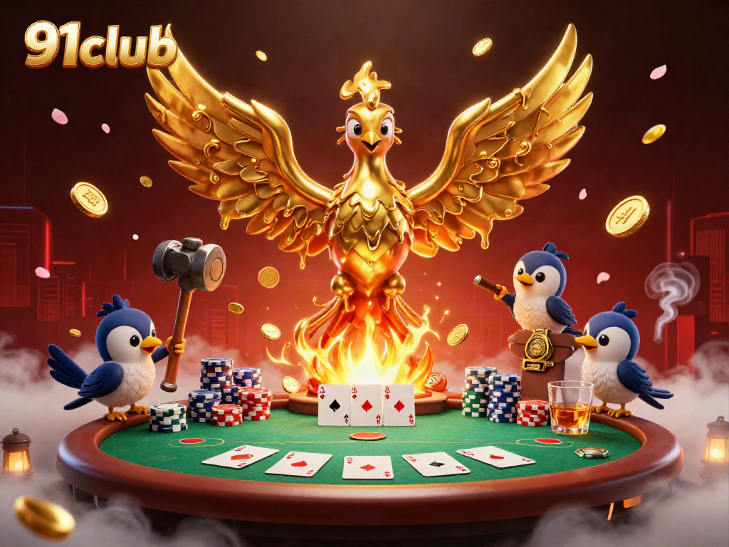 Engage in thrilling casino action with 91club's vibrant depiction of a molten phoenix emerging amidst poker elements.