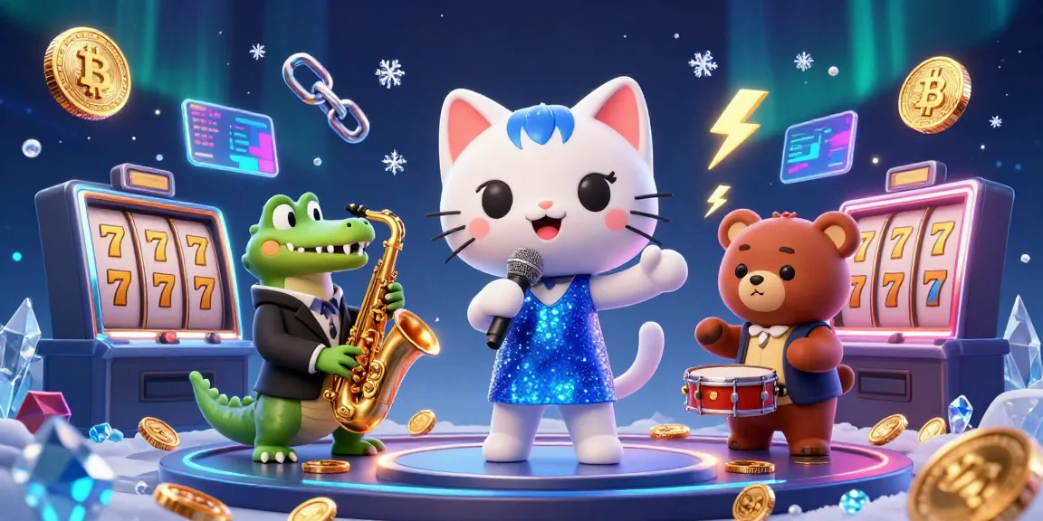 Experience the vibrant S8 casino scene with a jazzy cat singer, sax playing crocodile, and drum bear, surrounded by slot and crypto elements.