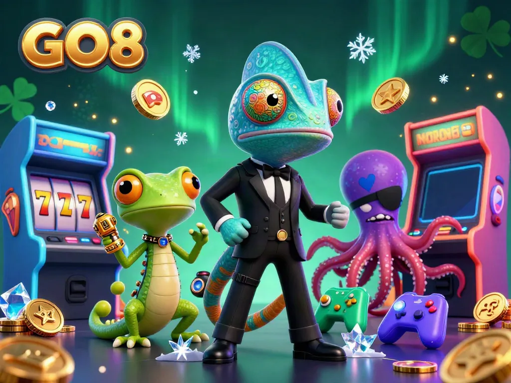 Engage in epic gaming adventures with GO8's animated casino characters in a vivid scene.