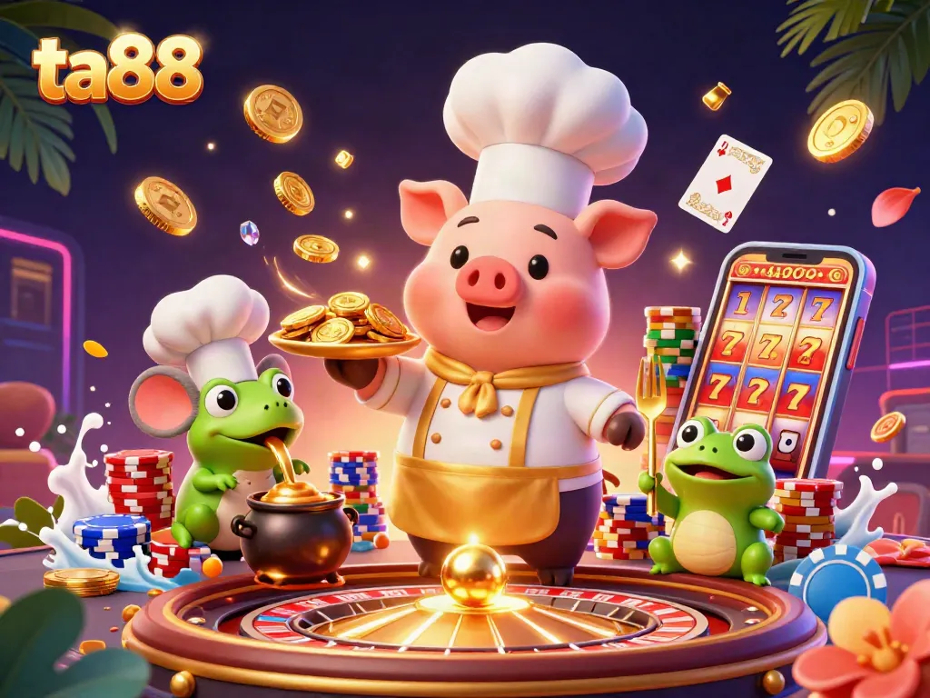 Join the fun at ta88 as the chef pig serves gold coins in an exciting casino scene.