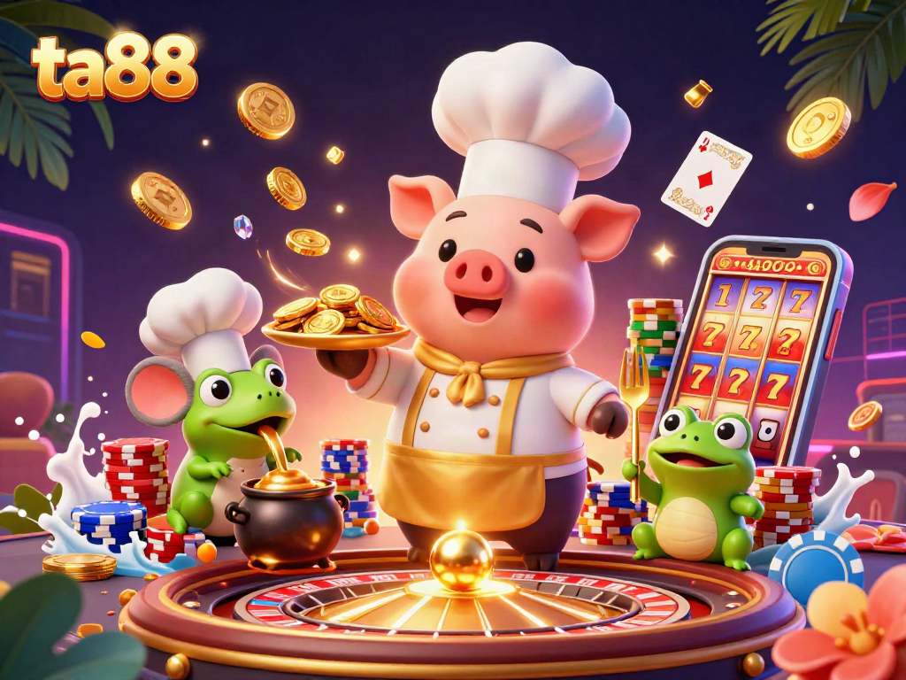 Join the fun at ta88 as the chef pig serves gold coins in an exciting casino scene.