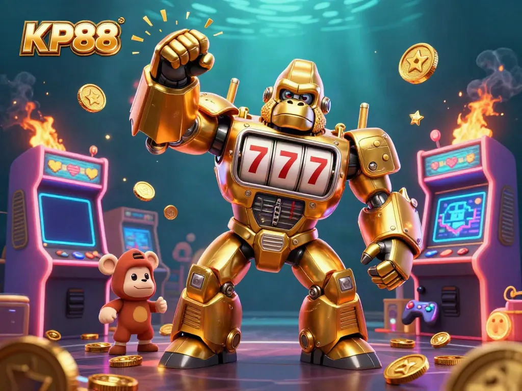 Experience KP88 with a vibrant 3D digital illustration of a golden gorilla mech in a casino arcade.