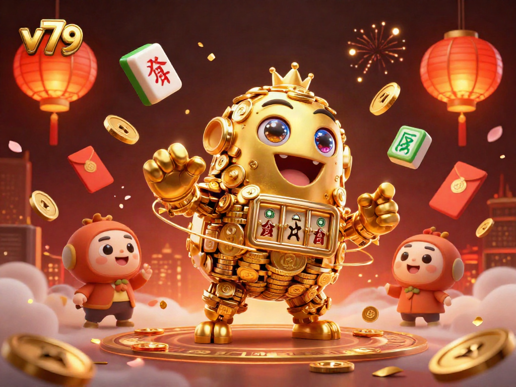 Experience the thrilling world of v79 gaming with a golden golem and festive symbols in a vibrant casino scene.