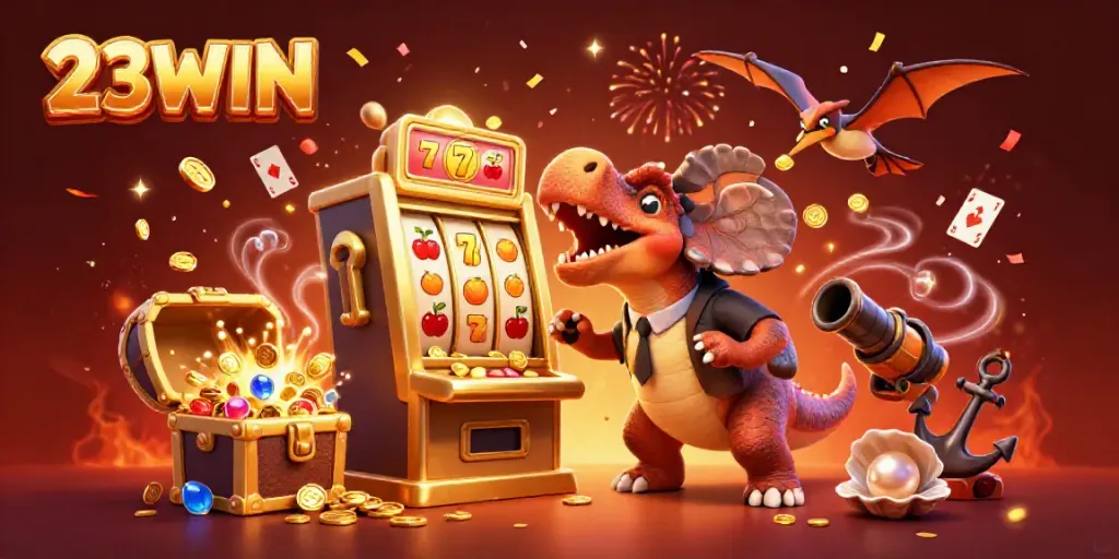 Experience massive payouts with 23WIN as cartoon dinosaurs engage in lively slot machine action!