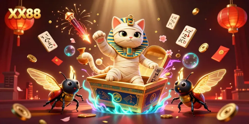Experience thrilling moments at XX88 with a vibrant Egyptian-themed casino illustration featuring dynamic characters.