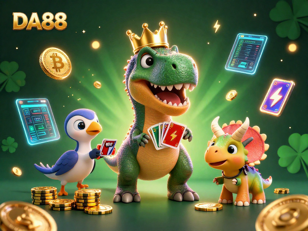 Engage in thrilling gameplay at DA88 with a T-Rex shuffling cards and vibrant crypto elements.