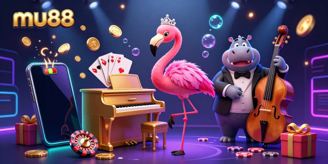 Experience the thrill of mu88 with vibrant gaming elements and lively characters in a stunning casino scene.
