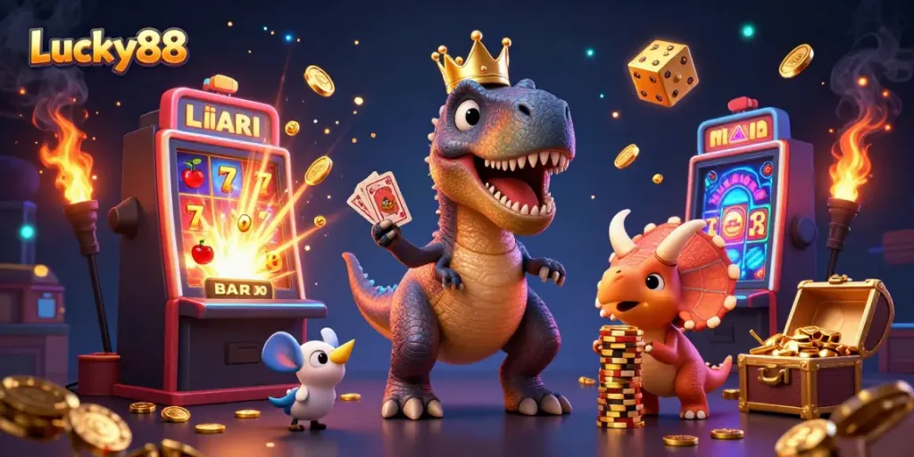 Experience thrilling jackpots with Lucky88’s T-Rex card dealer and vibrant casino elements.