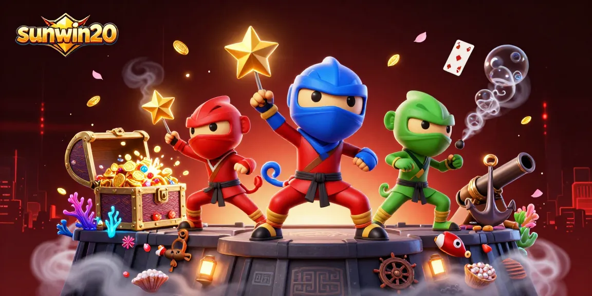 Experience thrilling gaming with sunwin20 as colorful ninja chameleons engage in martial arts amid treasure and cards.