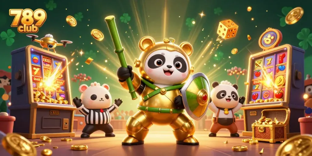 Join the excitement at 789 club with a dynamic scene of winning slots and a golden panda robot!