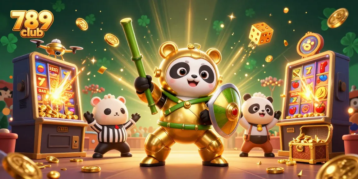 Join the excitement at 789 club with a dynamic scene of winning slots and a golden panda robot!