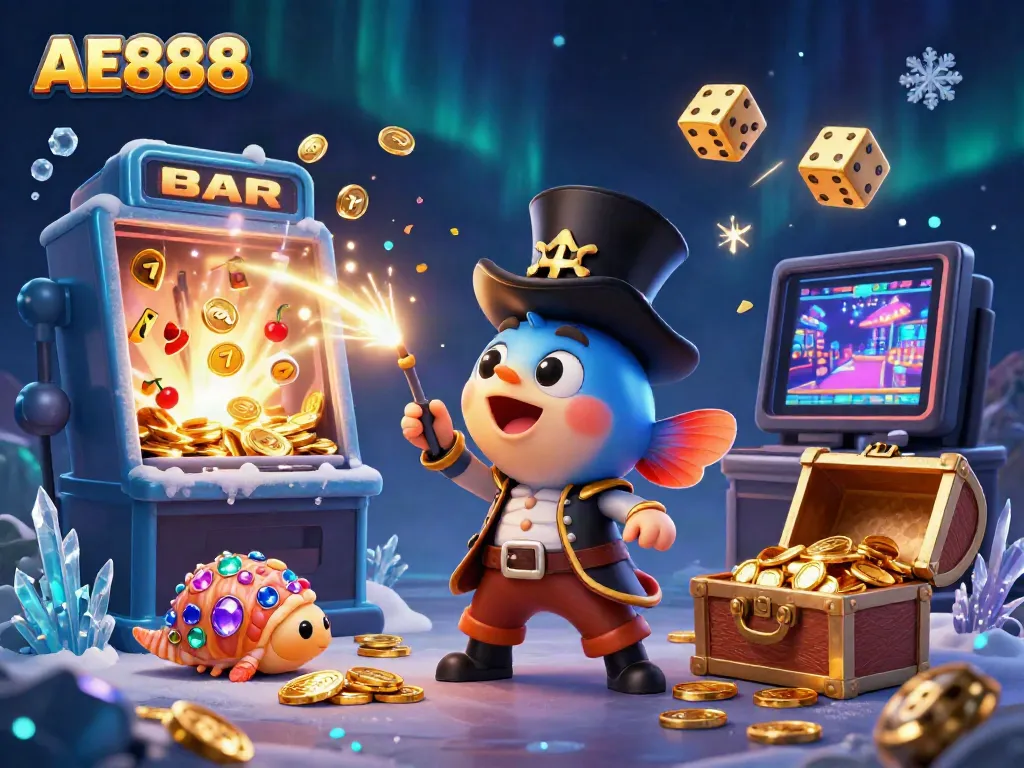 Engaging AE888 casino-themed scene with luring anglerfish, pirate shrimp, and gemstone snail amidst explosive casino elements.