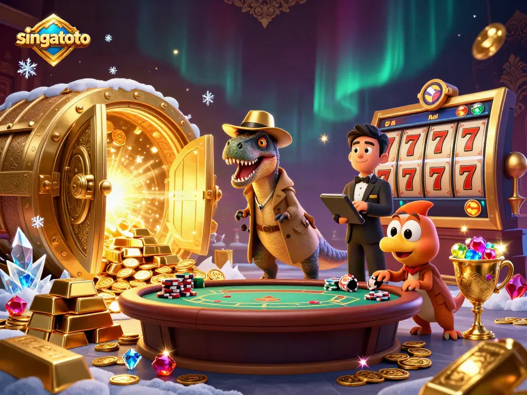 singatoto features a clever velociraptor card counter, eyeing treasure in an exciting casino scene.