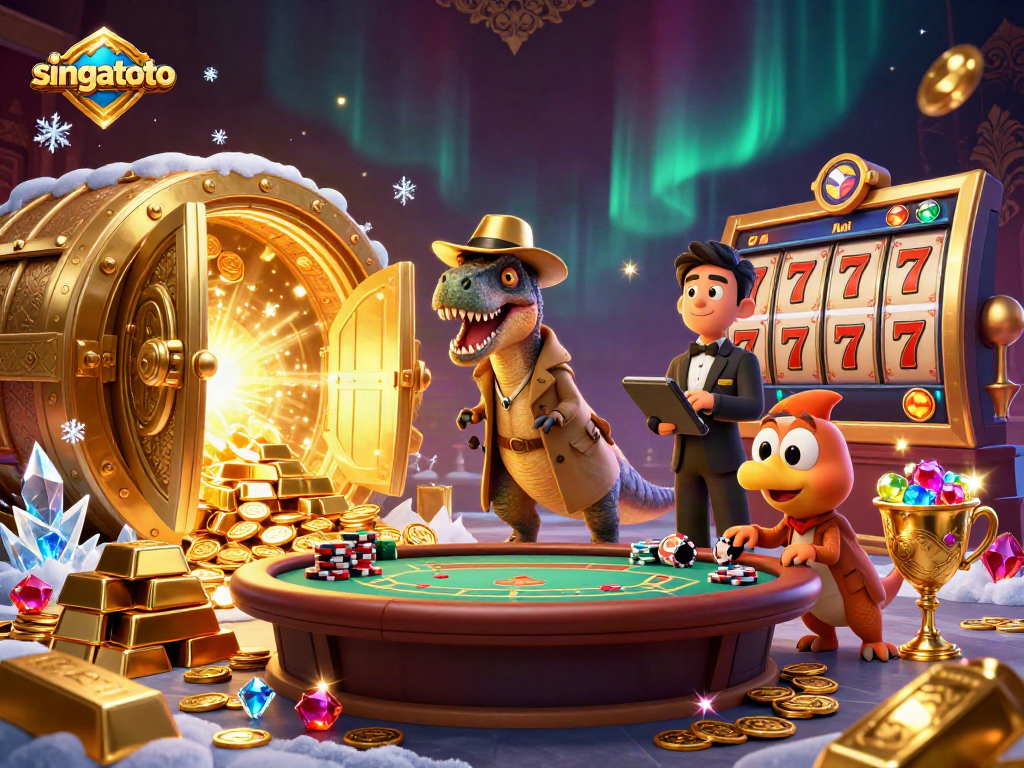 singatoto features a clever velociraptor card counter, eyeing treasure in an exciting casino scene.