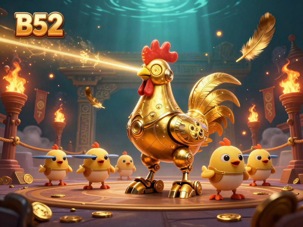 Engage in thrilling B52 action with a golden rooster robot leading baby chick drones amidst a dynamic gaming arena.