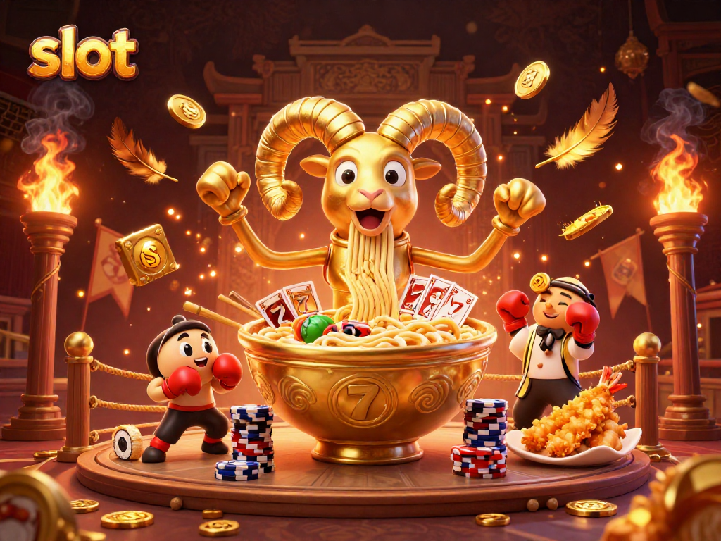 Engaging slot scene with a golden ramen bowl character and vibrant casino elements.