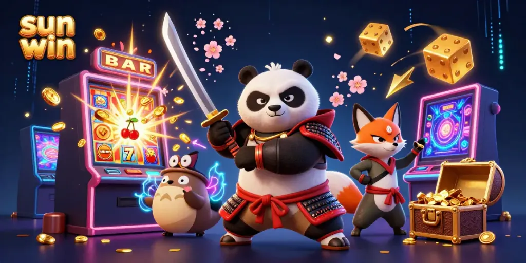 Experience the excitement of sun win with a dynamic scene featuring a samurai panda, ninja fox, and magical tanuki surrounded by vibrant casino elements.