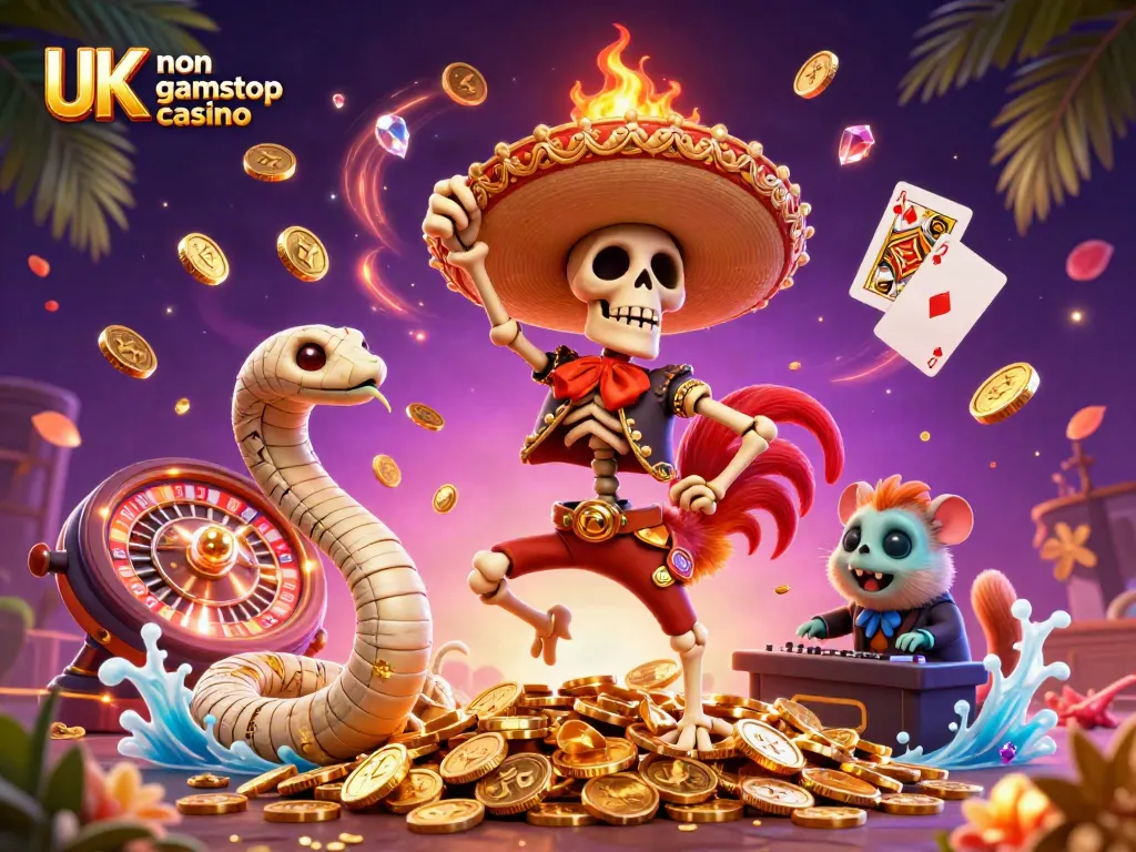 Celebrate your wins at a lively UK non gamstop casino with vibrant gaming characters and dynamic casino elements.