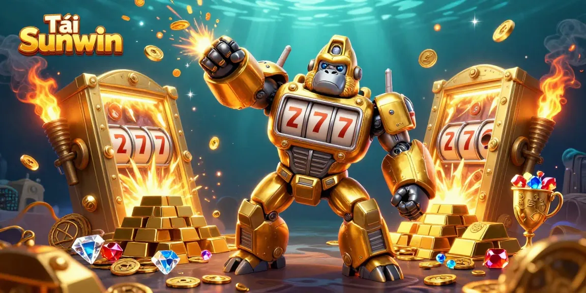 Experience Tải Sunwin with a dynamic 3D illustration featuring a golden gorilla mech among treasure and casino elements.