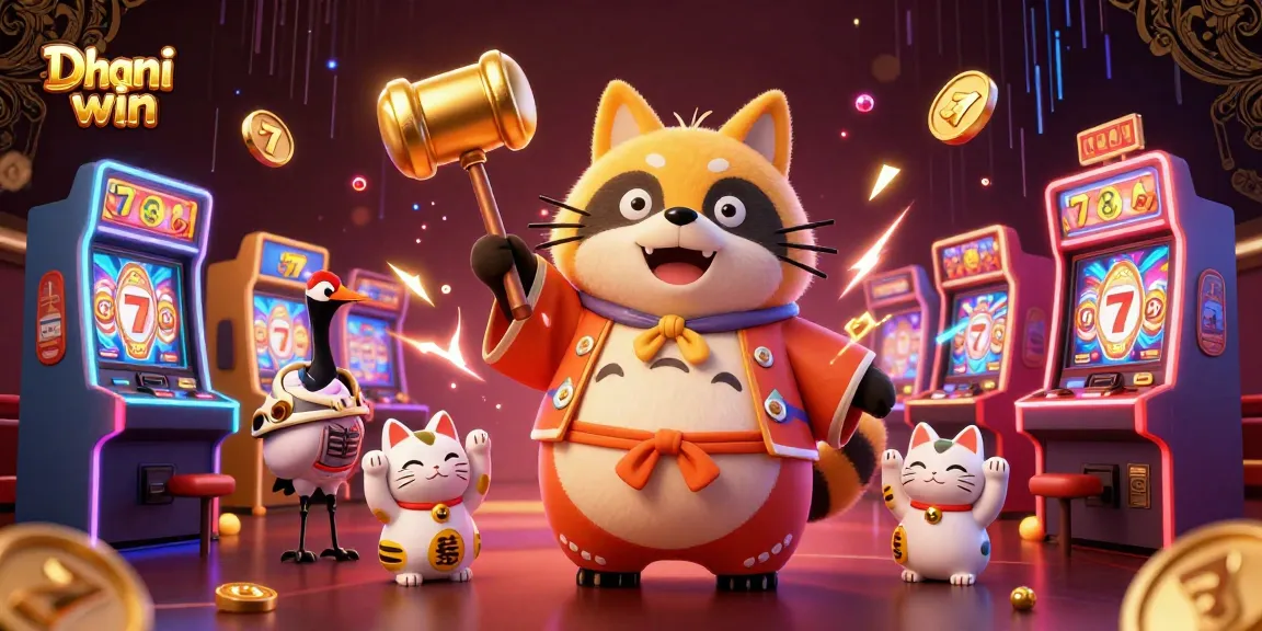Dhani win features a cheerful tanuki celebrating jackpot wins amidst vibrant slot machines and fortune cats.