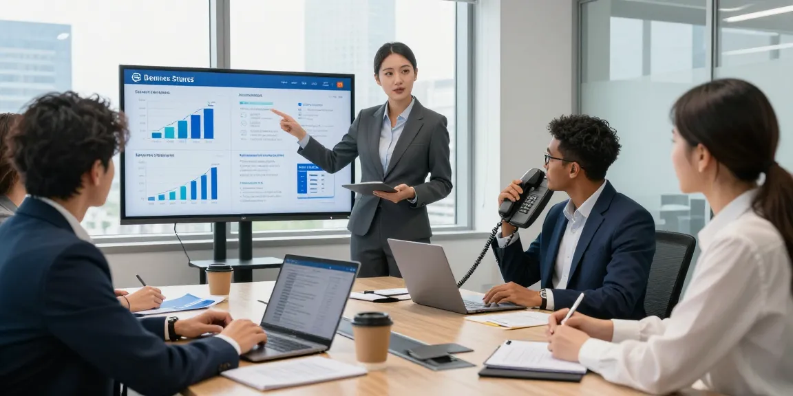 Collaborative meeting on small business phone service strategies in a modern office with professionals discussing data.