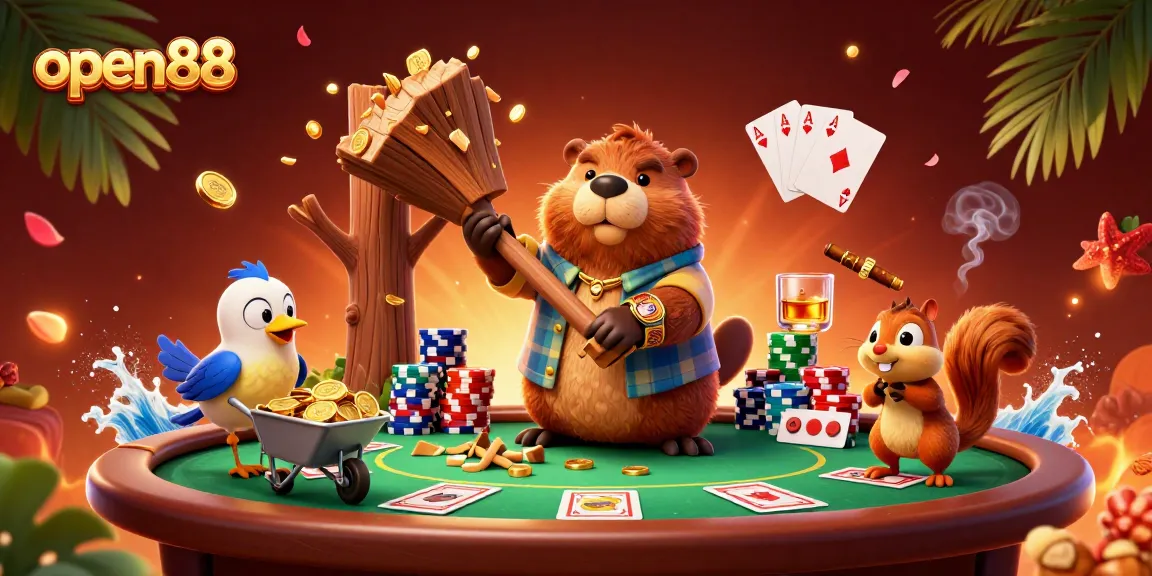Open88's vibrant casino scene shows the beaver player generating golden coins amidst poker action.