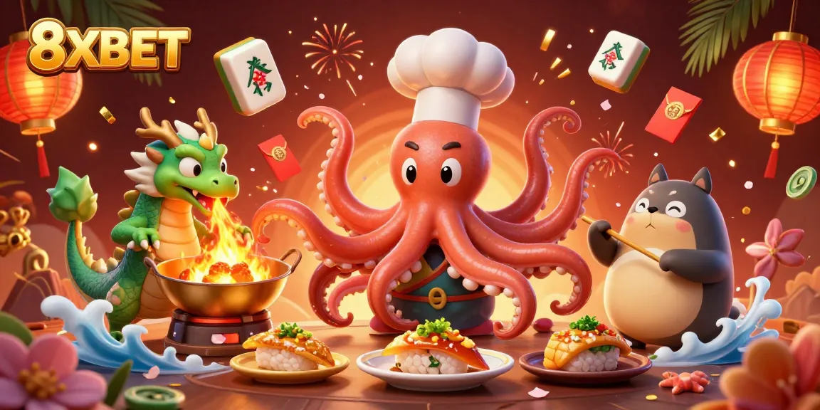 Enjoy the festive 8XBET online casino experience with vibrant characters, games, and elements.