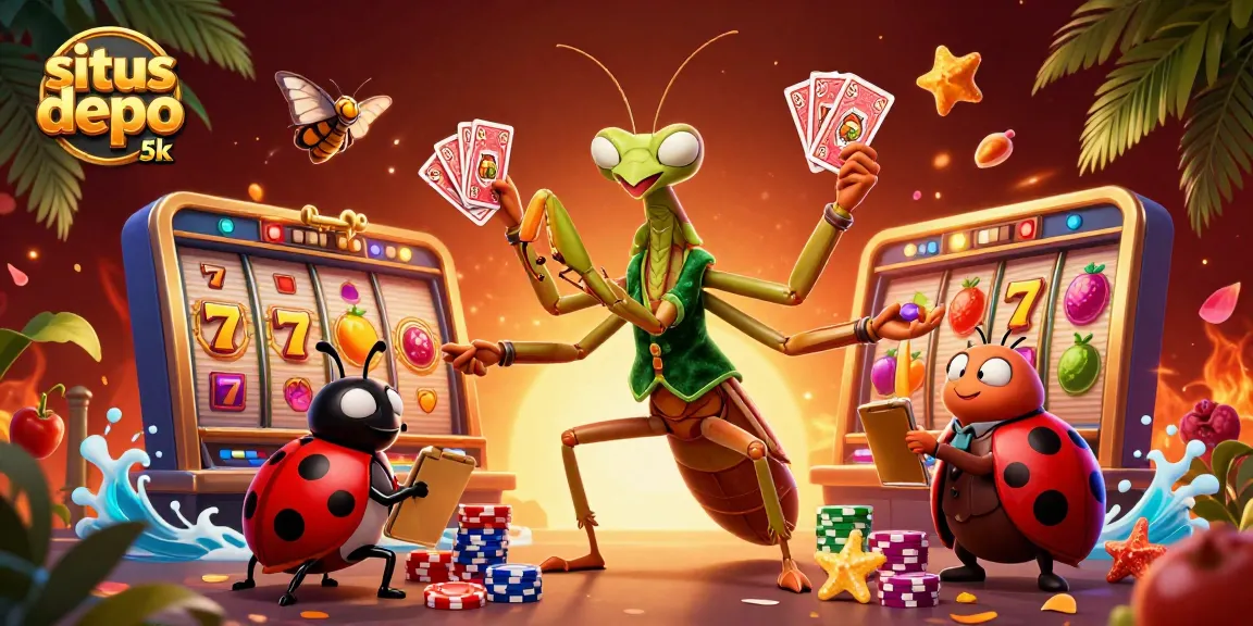 Engage with situs depo 5k as giant mantis deals cards, highlighting slot game excitement.