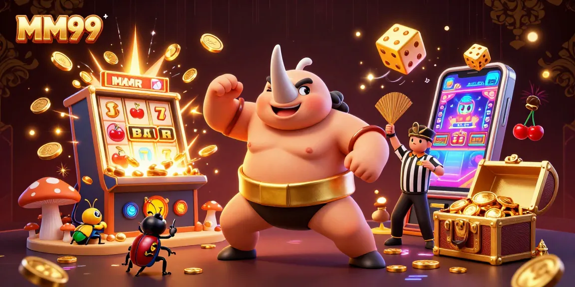Experience excitement with MM99 as a rhinoceros beetle champion sends coins flying in a vibrant casino scene.
