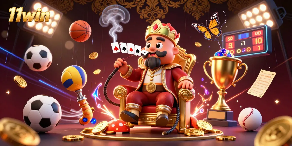 Win big with 11win in a vibrant 3D casino scene filled with sports elements and golden treasures.