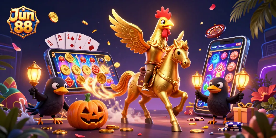 Engage in thrilling slot gaming at Jun 88, featuring a golden rooster and vibrant casino elements.