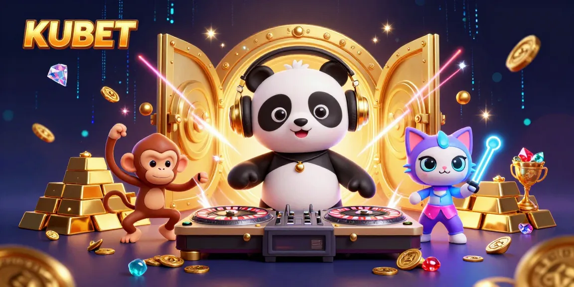 KUBET features a DJ panda spinning roulette wheels, showcasing vibrant gambling excitement with jewels.