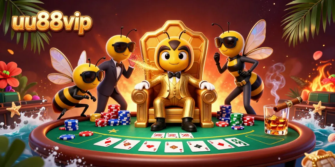 Play thrilling poker at uu88vip with a bumblebee mob boss and colorful chips surrounding him.