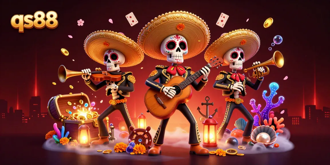 qs88 thrills with lively mariachi band amidst treasure and gaming elements in vibrant illustration