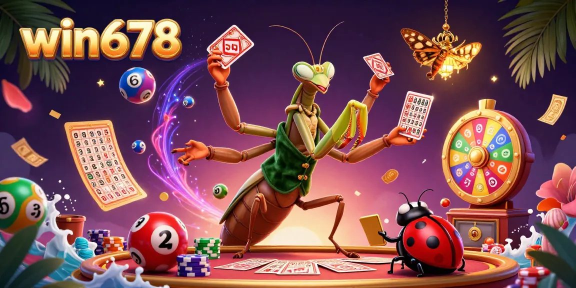 Win678 offers an exciting gaming scene with a vibrant praying mantis dealer, ladybug pit boss, and festive elements.