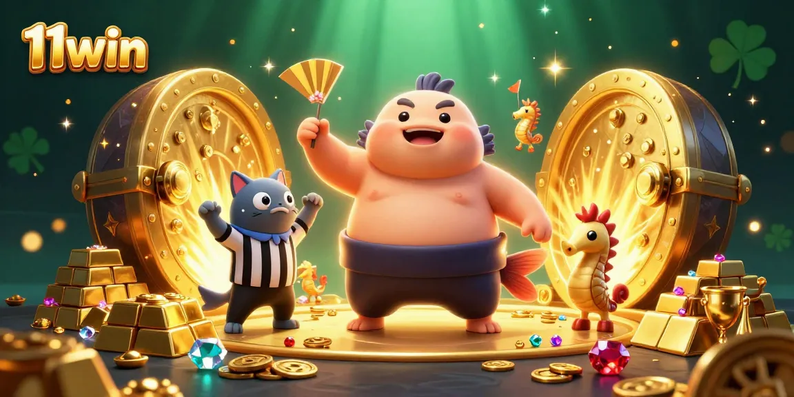 11win captures a thrilling underwater casino scene with a fugu, catfish referee, and seahorses amid treasure.