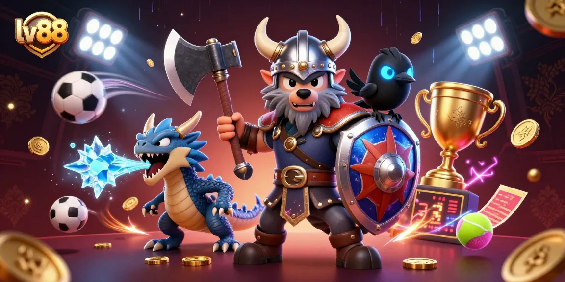 Bet on lv88 with a Viking warrior, a dragon, and sports elements in this dynamic casino scene.