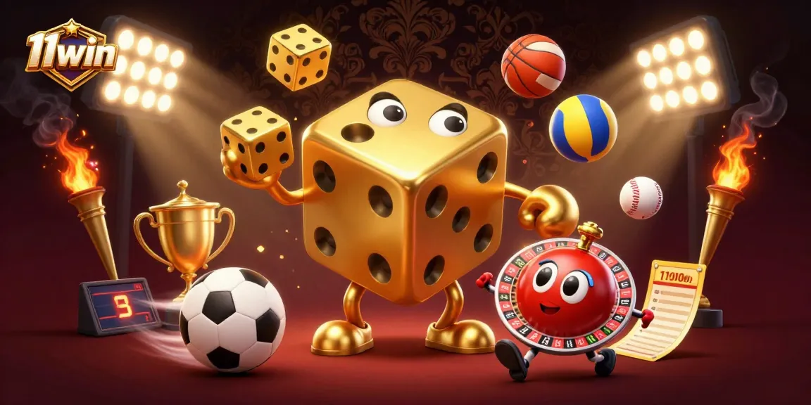 11win showcases an animated scene with a golden dice golem, sports balls, and dynamic casino elements.