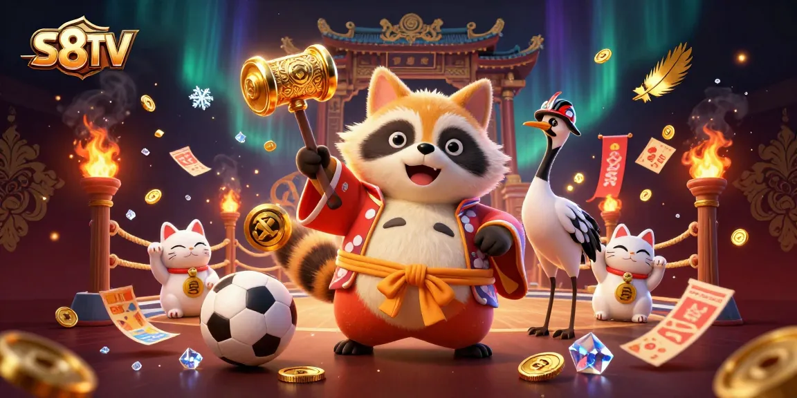 S8TV sports betting illustration with cheerful tanuki and colorful lucky cats in a vibrant gambling scene